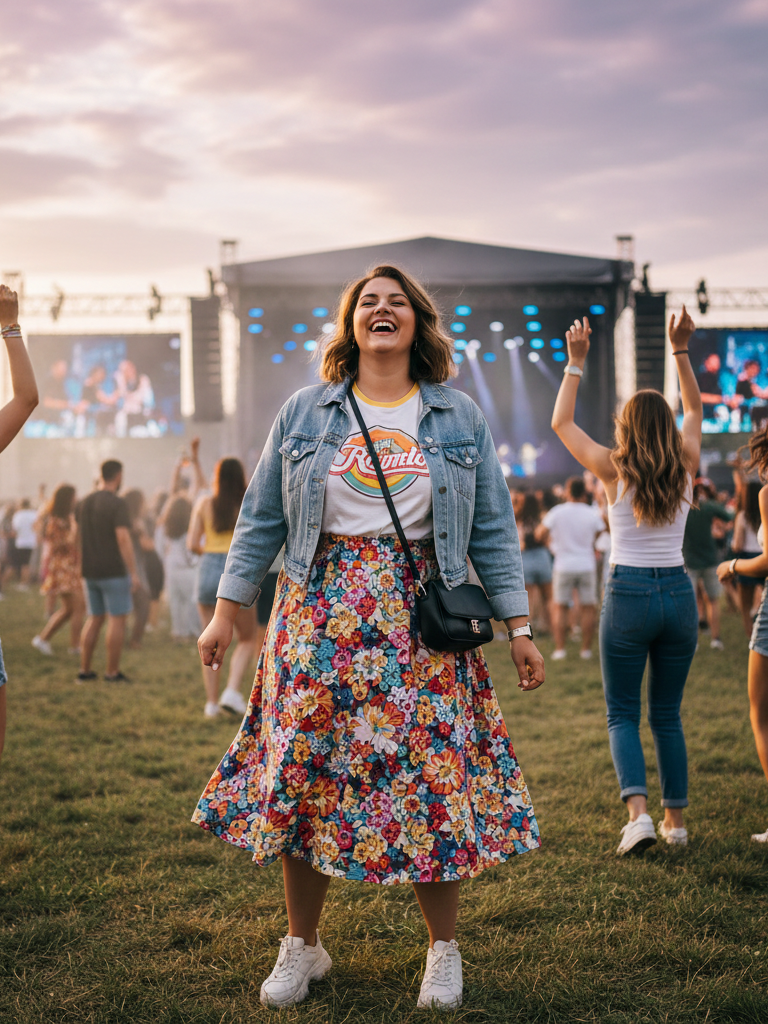 Graphic Tee + Midi Skirt + Denim Jacket + Sneakers