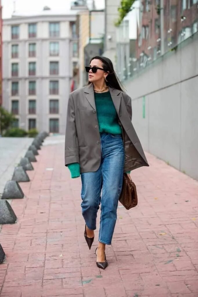 Green Ombre Knit Sweater + Oversized Grey Blazer + Medium Wash Tapered Jeans + Chocolate Brown Pointed-Toe Slingbacks