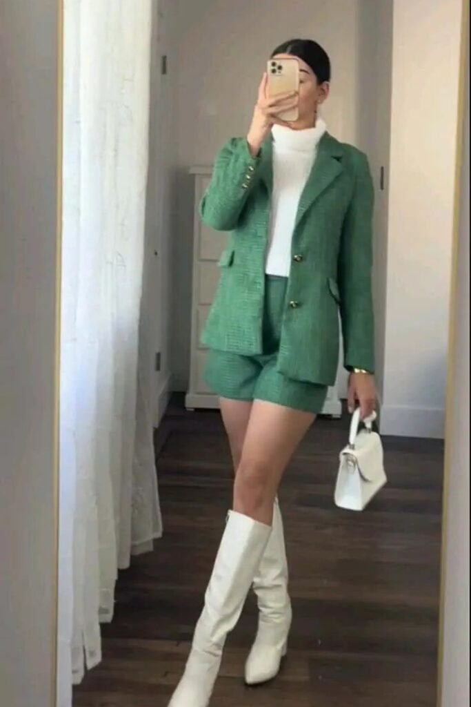 Green Tweed Blazer + Green Tweed Shorts + White Turtleneck + White Knee High Boots