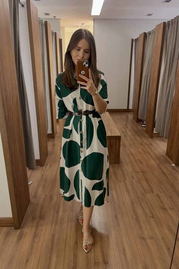 Green and White Abstract Pattern Shirt Dress + Brown Leather Belt + Gold Strappy Sandals