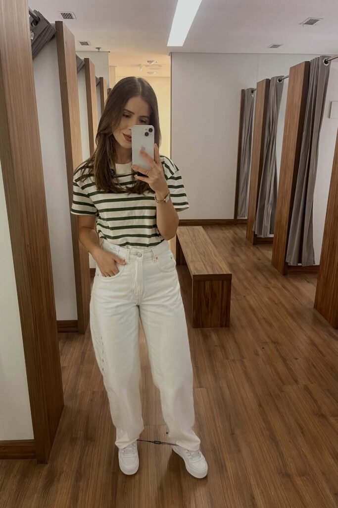 Green and White Striped T-Shirt + White Straight-Leg Jeans + White Platform Sneakers