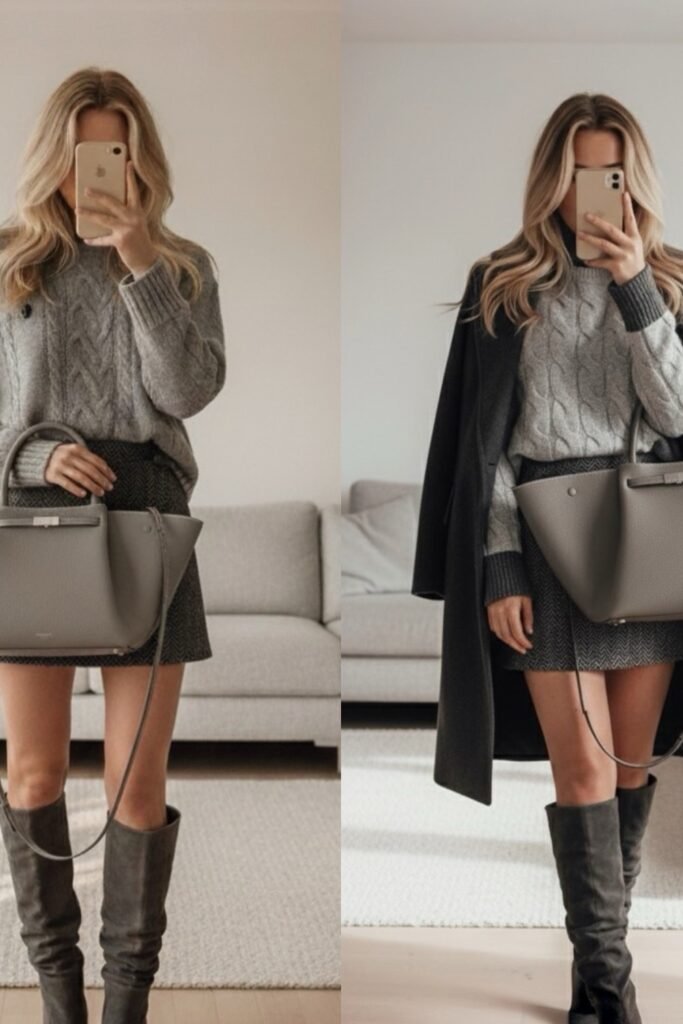 Grey Cable Knit Sweater + Charcoal Patterned Mini Skirt + Grey Suede Knee-High Boots