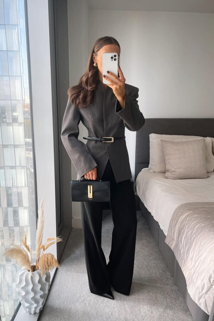 Grey Cinched Blazer + Black Wide-Leg Trousers + Black Pointed Heels