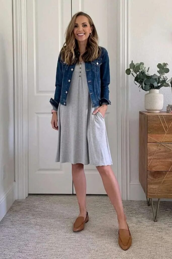 Grey Henley Jersey Dress + Dark Wash Denim Jacket + Tan Pointed Loafers