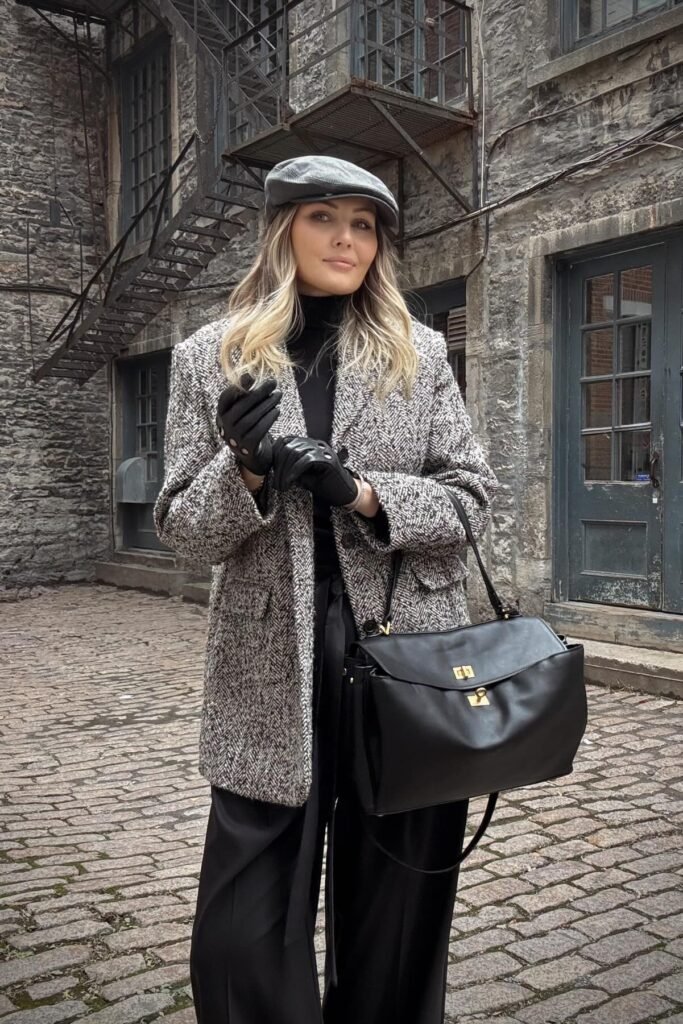 Grey Herringbone Oversized Blazer + Black Turtleneck + Black Wide-Leg Trousers + Grey Newsboy Cap