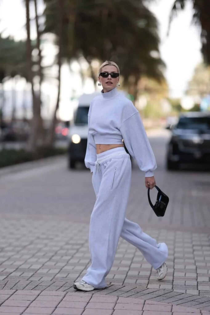 Grey High Neck Cropped Sweatshirt + Matching Wide Leg Sweatpants + White Sneakers