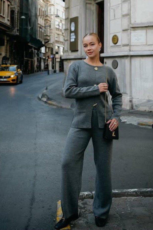 Grey Knit Button-Up Cardigan + Grey Knit Wide-Leg Trousers + Black Loafers