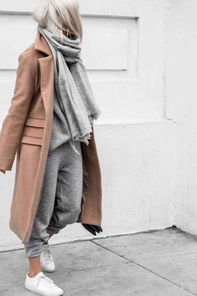 Grey Knit Sweater + Grey Joggers + Camel Overcoat + Grey Scarf