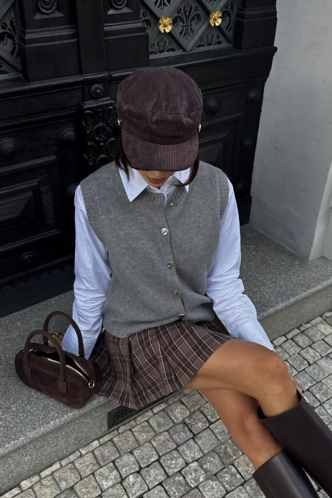 Grey Knit Vest + White Collared Shirt + Plaid Mini Skirt + Brown Riding Boots