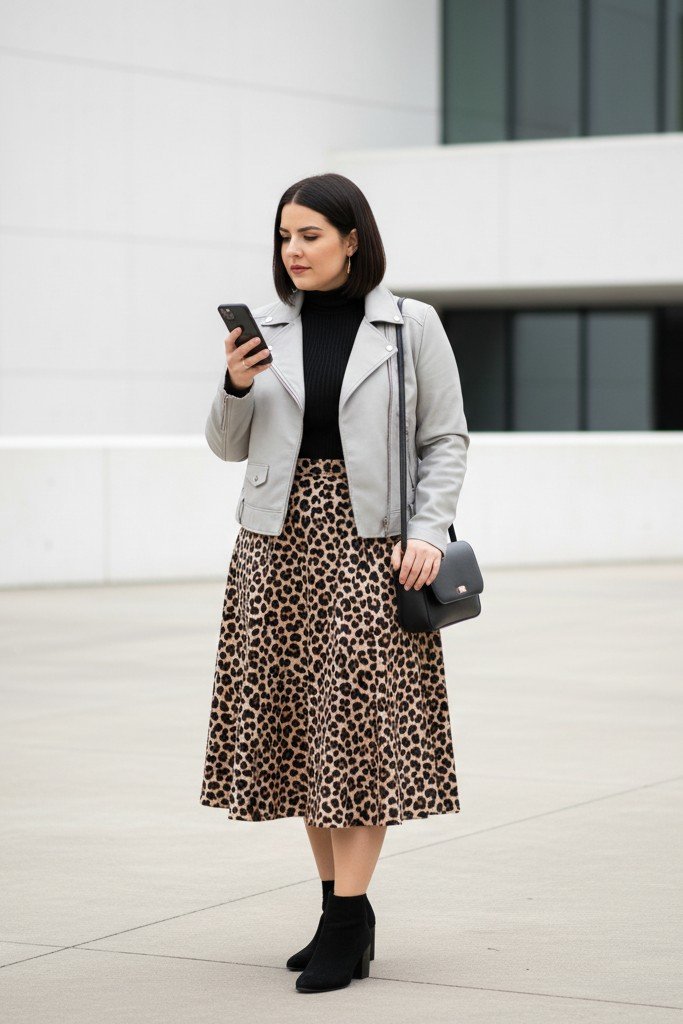 Grey Moto Jacket + Black Turtleneck + Animal Print Midi Skirt + Booties