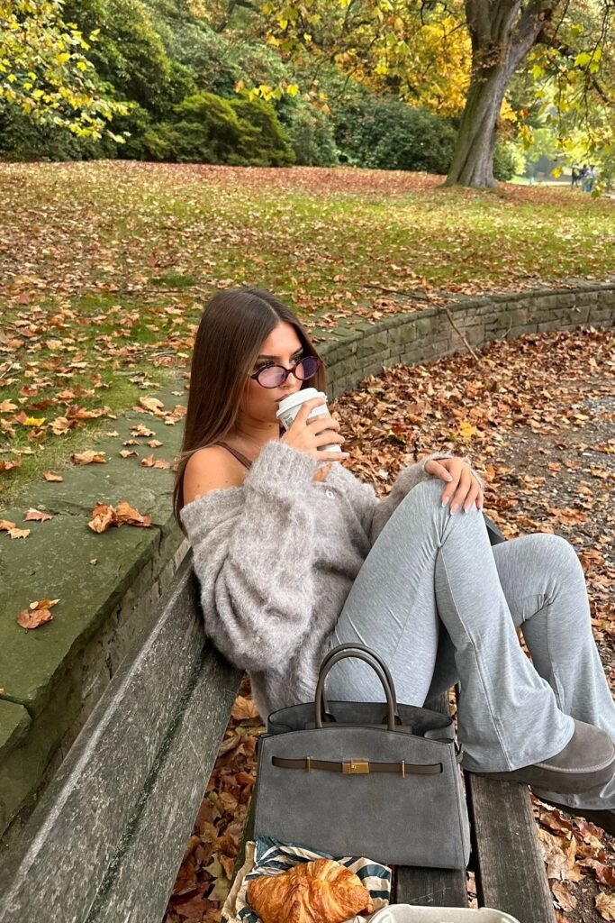 Grey Off-the-Shoulder Fuzzy Sweater + Grey Flare Leggings/Pants + Grey Platform Boots