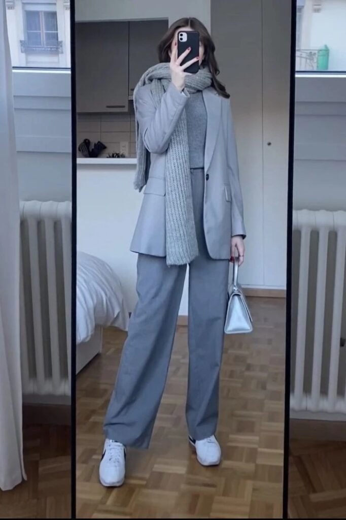 Grey Oversized Blazer + Grey Knit Scarf + Grey Wide-Leg Trousers + White Nike Sneakers
