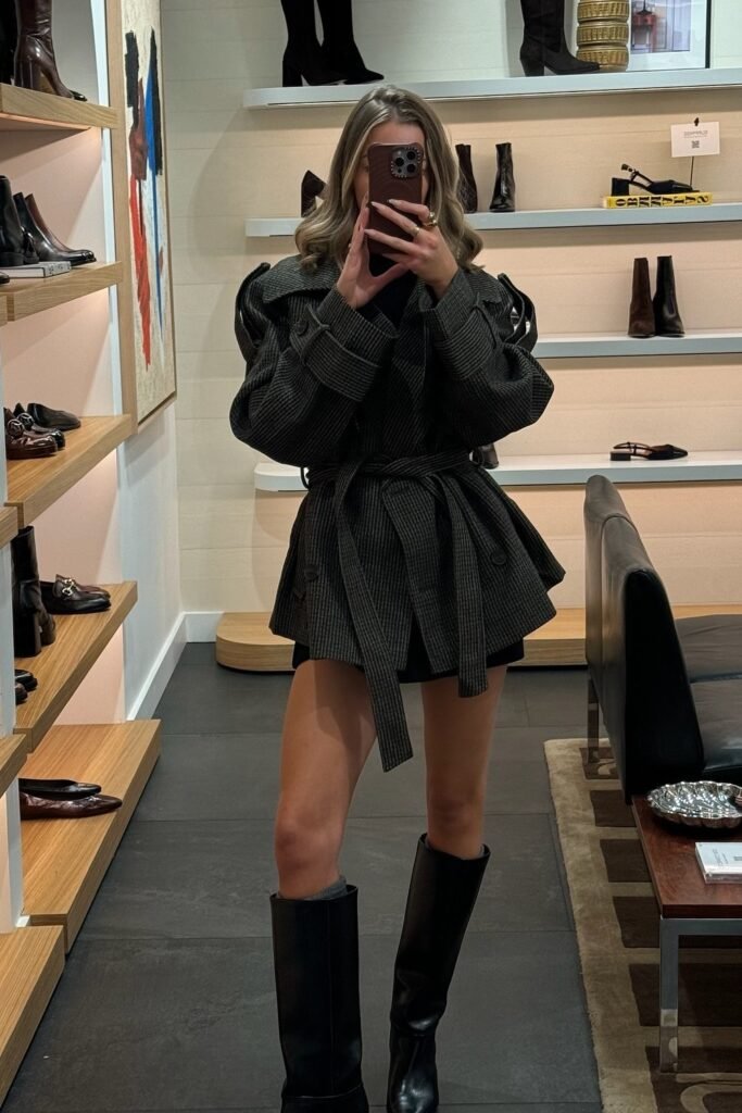 Grey Peplum Belted Coat + Black Mini Shorts + Black Knee-High Boots