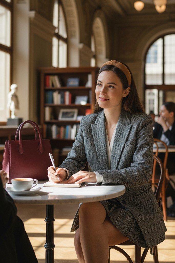 Grey Plaid Blazer + Matching Pleated Mini Skirt + Burgundy Leather Top-Handle Bag + Tan Headband