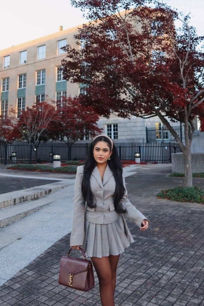 Grey Plaid Blazer + Matching Pleated Mini Skirt + Burgundy Leather Top-Handle Bag + Tan Headband