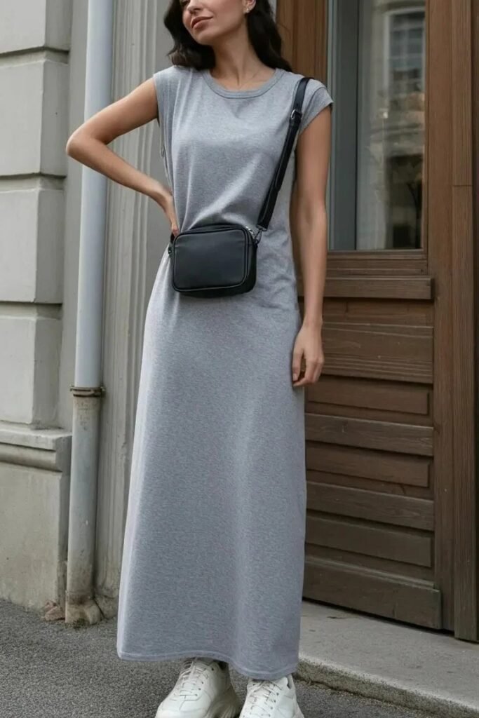 Grey Sleeveless Maxi T Shirt Dress + Black Crossbody Bag + White Chunky Sneakers