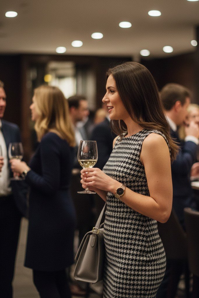 Grey and Black Houndstooth Sleeveless Bodycon Dress + Grey Suede Handbag + Gold Watch