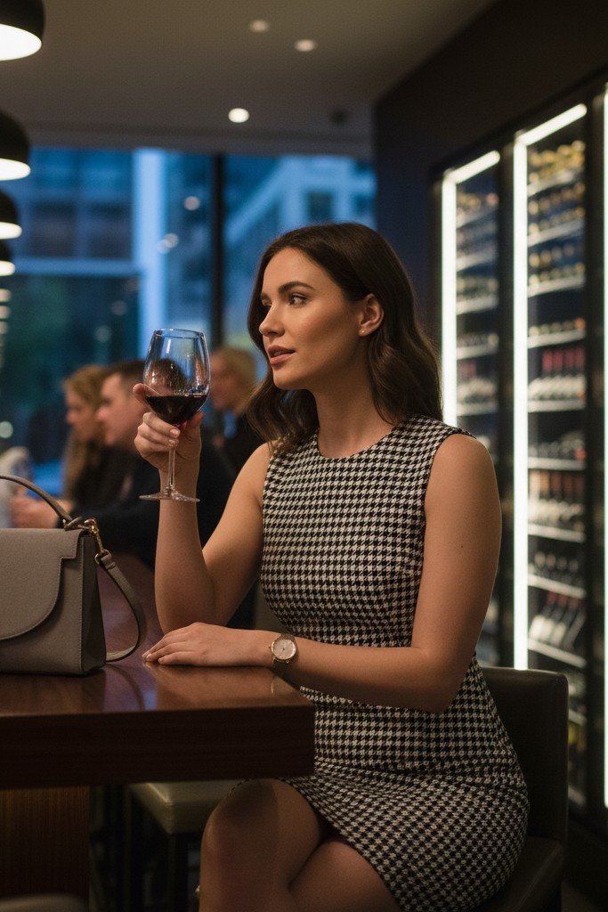 Grey and Black Houndstooth Sleeveless Bodycon Dress + Grey Suede Handbag + Gold Watch