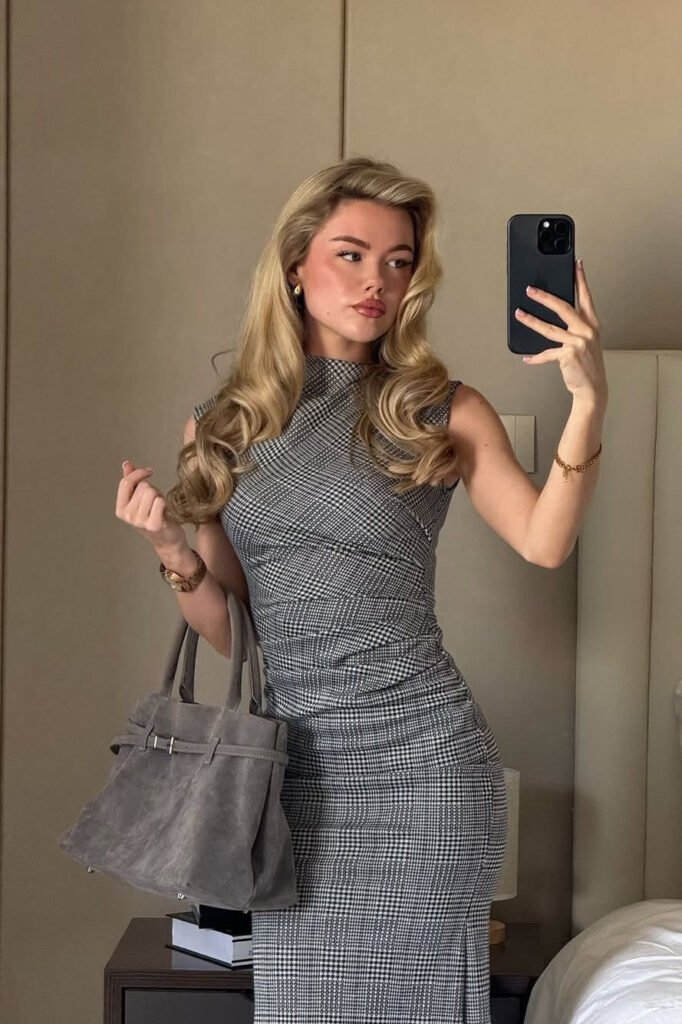 Grey and Black Houndstooth Sleeveless Bodycon Dress + Grey Suede Handbag + Gold Watch