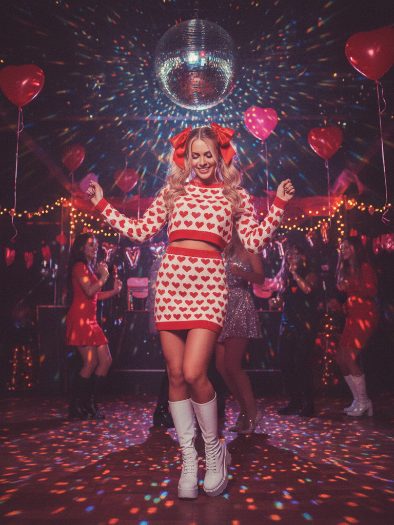 Heart Print Two-Piece Set + Hair Bows + White Boots