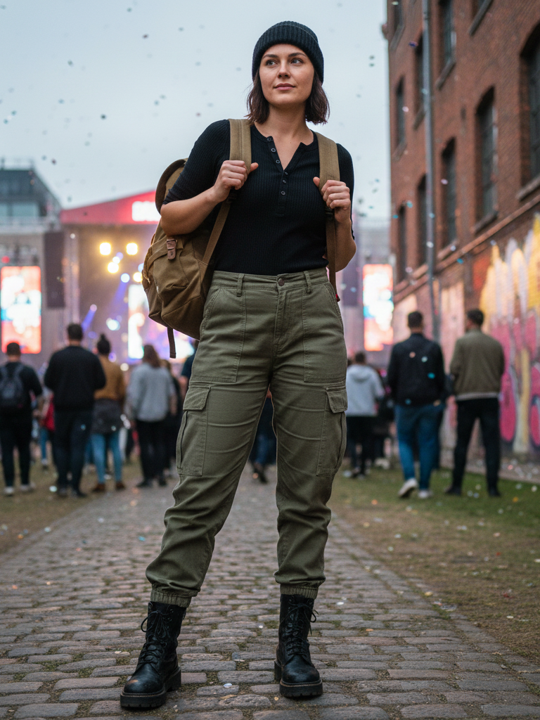 Henley Top + Cargo Pants + Combat Boots