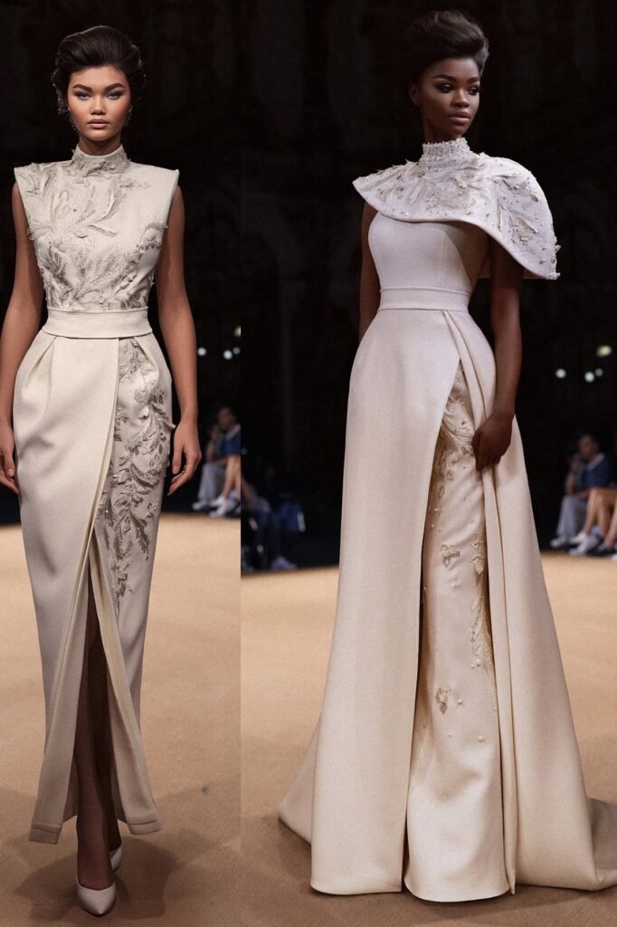 High Neck Cream Embroidered Gown + White Pointed Heels