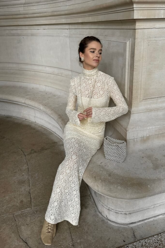 High-Neck Cream Lace Maxi Dress + Pearl Mini Bag + Beige Square-Toe Lace-Up Boots