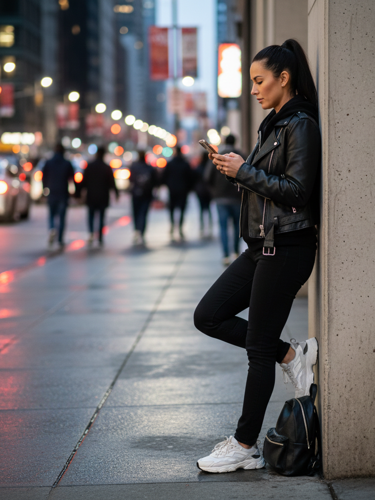 Hoodie + Leather Jacket + Jeans + Chunky Sneakers