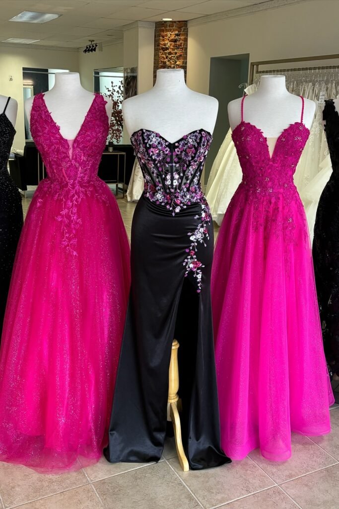 Hot Pink Lace Ballgown + Black Floral Corset Slit Dress + Fuchsia Rhinestone Gown