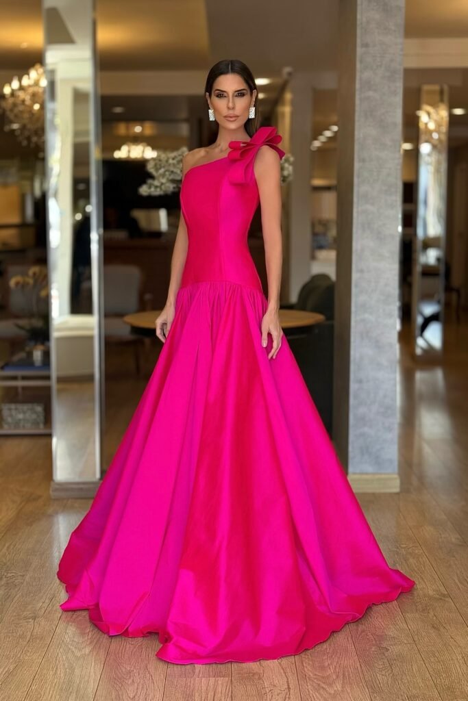 Hot Pink One-Shoulder Satin Gown + Shoulder Bow Detail