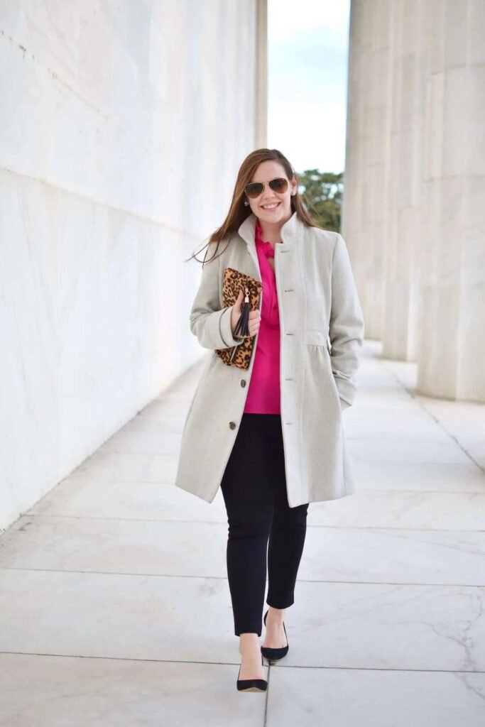 Hot Pink Ruffle Blouse + Light Grey Structured Coat + Black Ankle Trousers + Black Pointed-Toe Flats