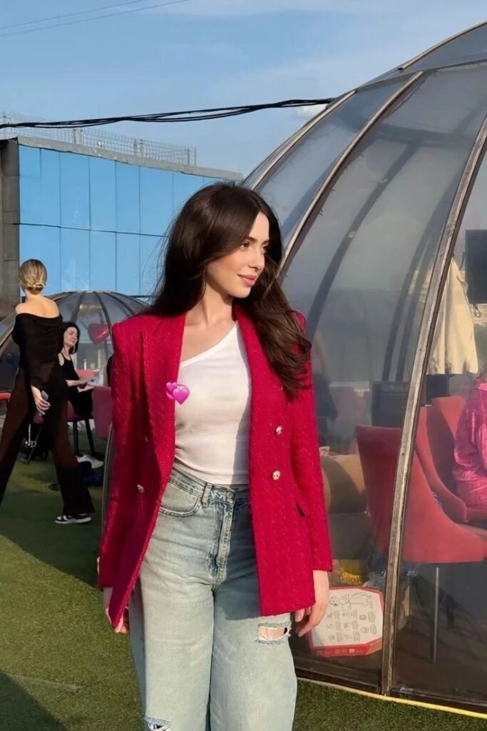 Hot Pink Textured Blazer + Light Wash Distressed Jeans + White One-Shoulder Top