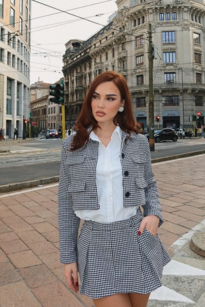 Houndstooth Cropped Jacket and Pleated Mini Skirt Set + White Button-Down Shirt