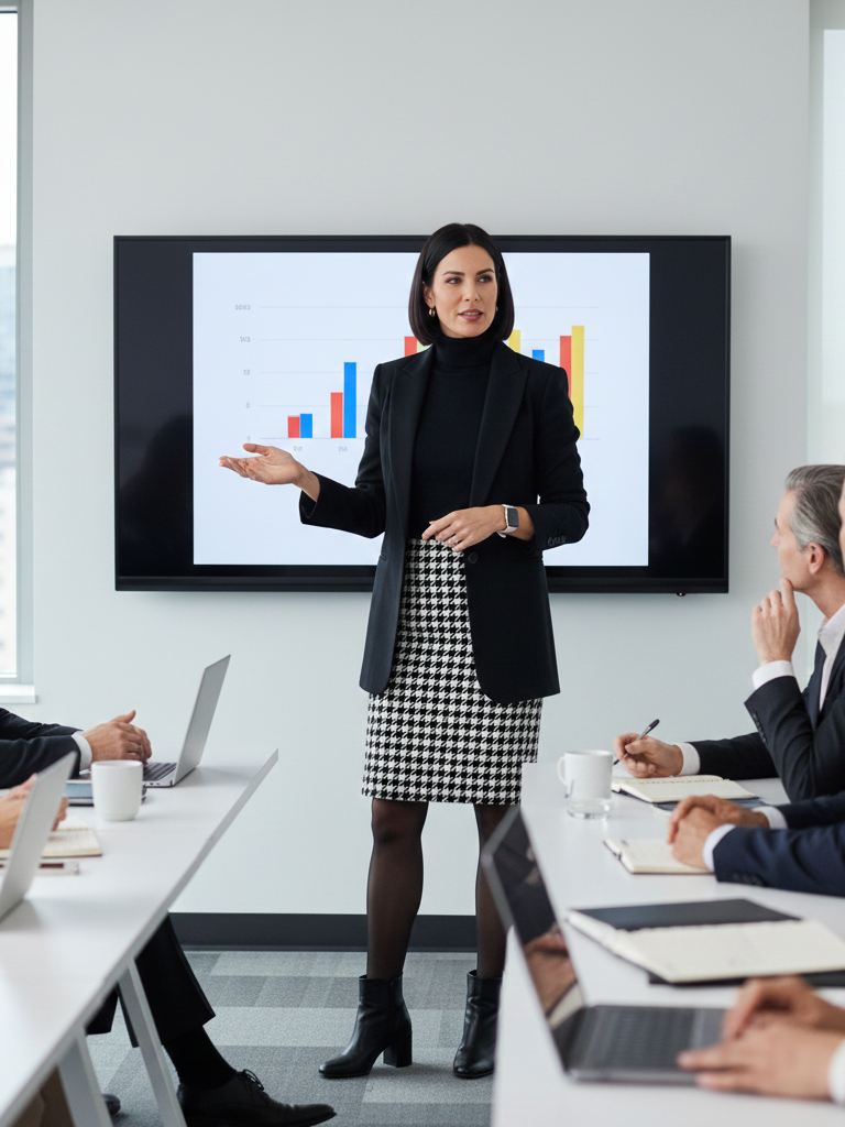 Houndstooth Pencil Skirt + Turtleneck + Blazer + Ankle Boots