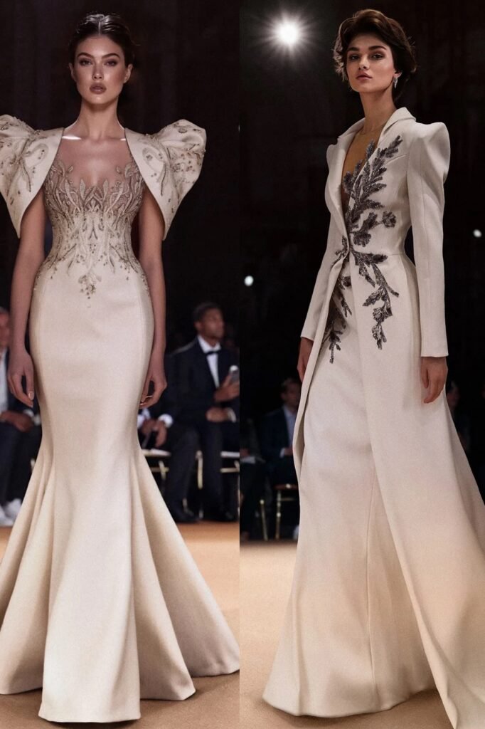 Ivory Mermaid Gown with Sculptural Shoulders + Tailored Coat Gown with Metallic Branch Embroidery