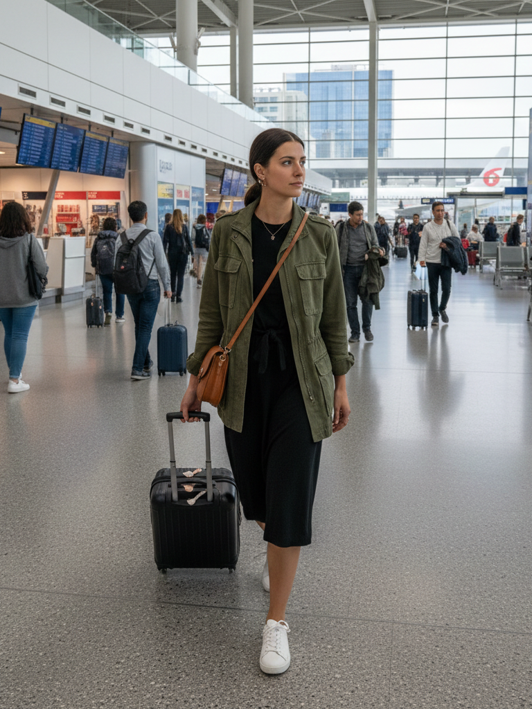 Jersey Midi Dress + Utility Jacket + Sneakers