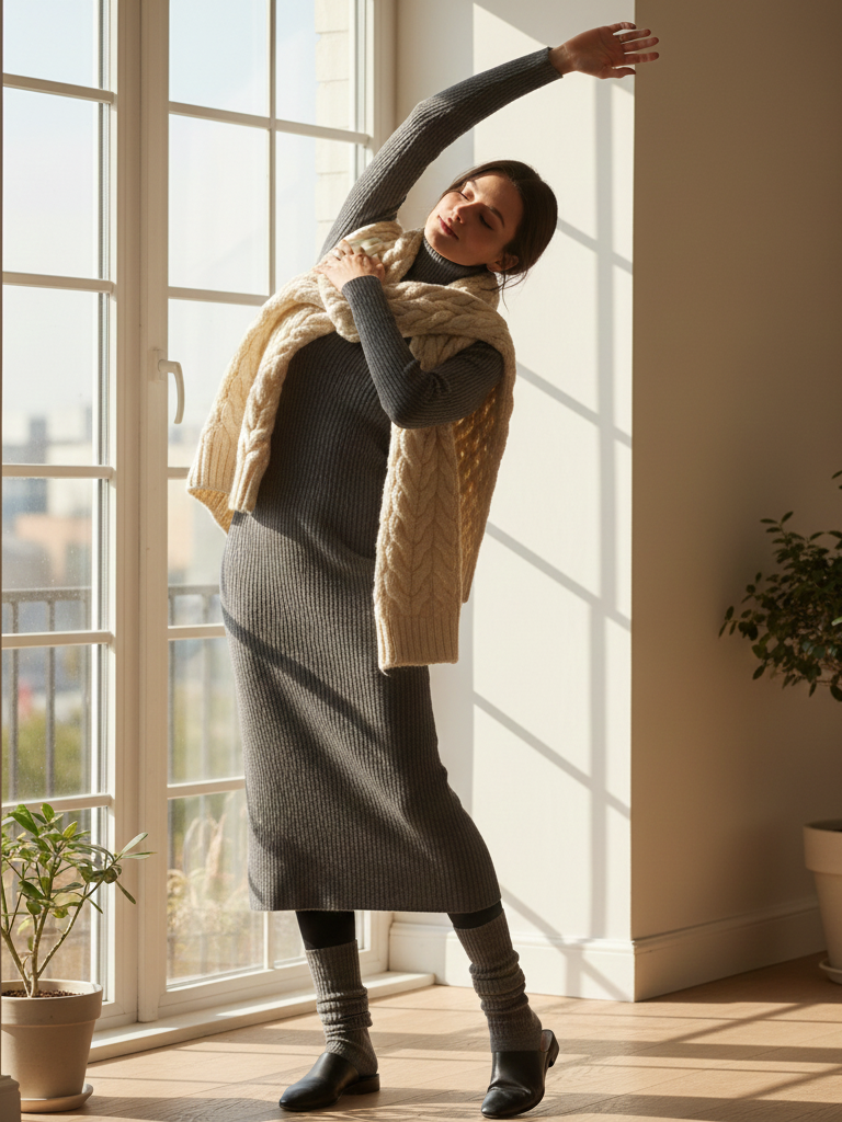 Knit Dress + Oversized Scarf + Leg Warmers