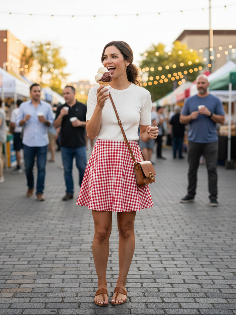 Knit Top + A-Line Mini Skirt + Sandals