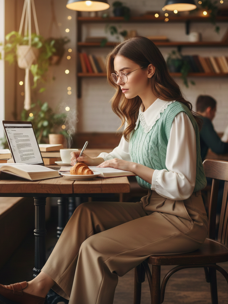 Knit Vest + Collared Blouse + Wide-Leg Trousers + Loafers