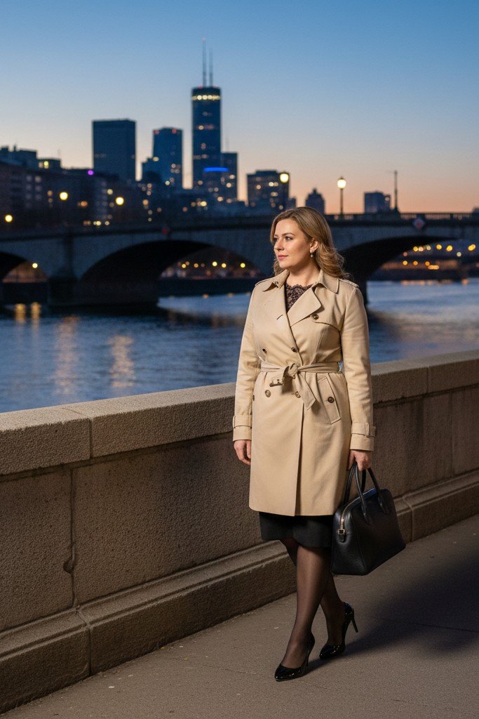 Lace Detail Top + Pencil Skirt + Tights + Trench Coat + Pumps