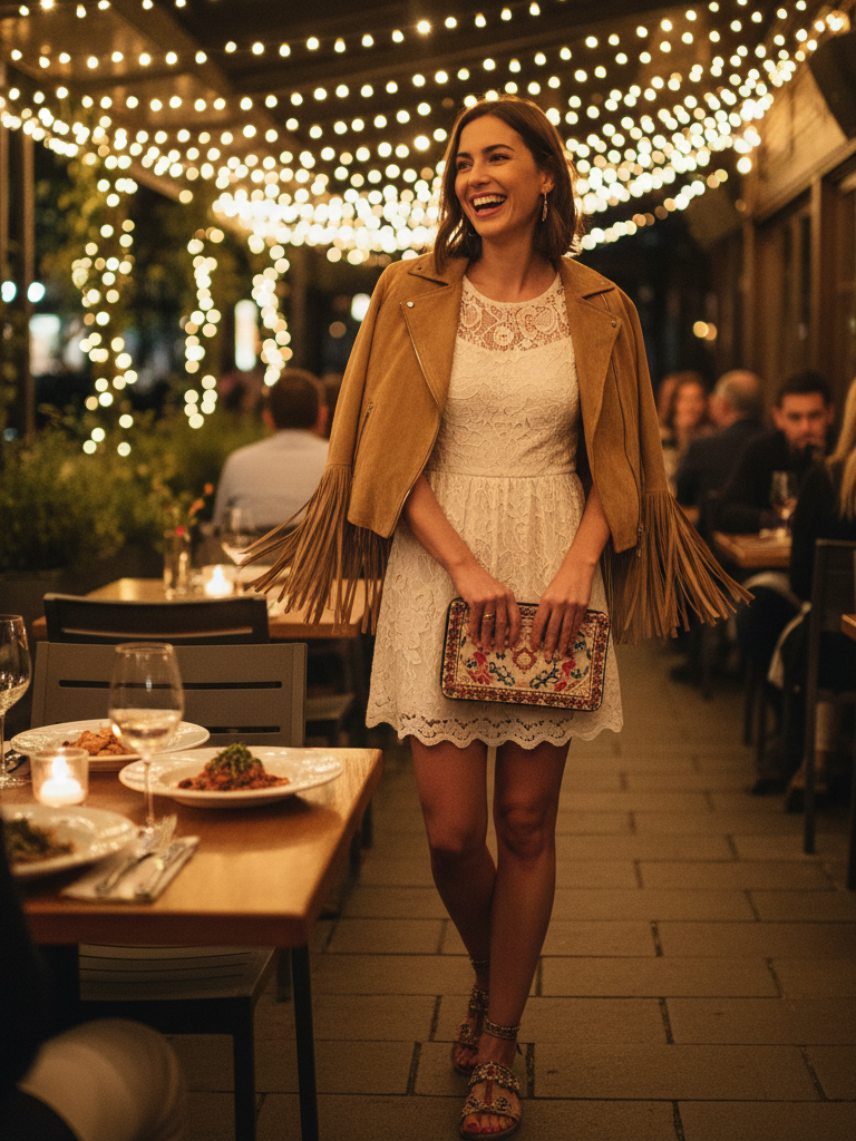 Lace Dress + Suede Jacket + Embellished Sandals