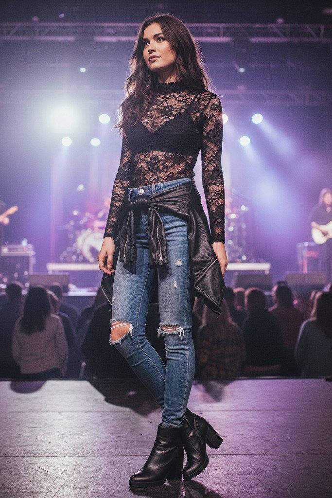 Lace Top + Distressed Jeans + Ankle Boots