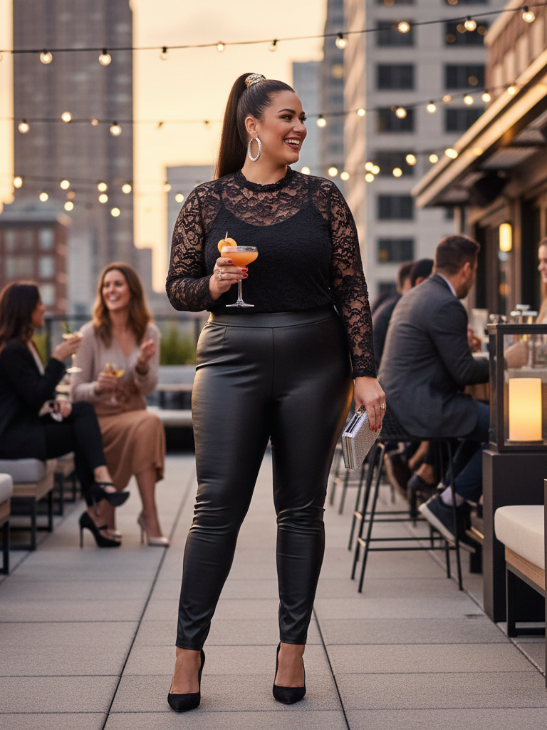 Lace Top + Leather-Look Pants + Block Heels