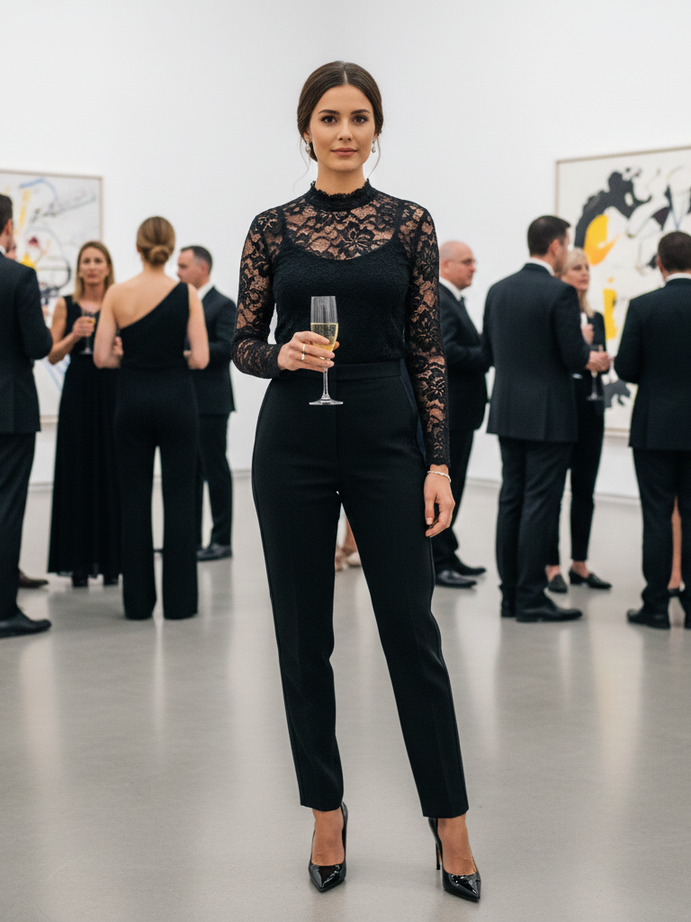 Lace Top + Tuxedo Trousers + Stiletto Pumps