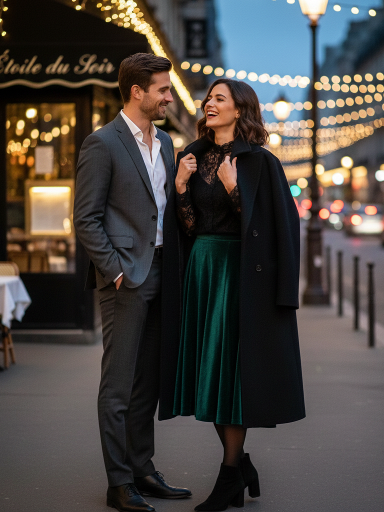 Lace Top + Velvet Midi Skirt + Statement Coat