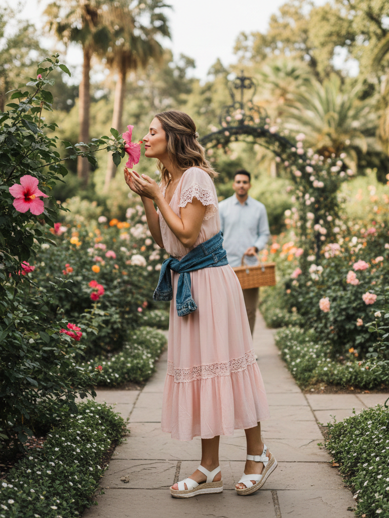 Lace Trim Dress + Denim Jacket + Platform Sandals