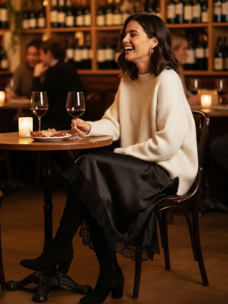 Lace Trim Slip Skirt + Cozy Knit + Over-the-Knee Boots