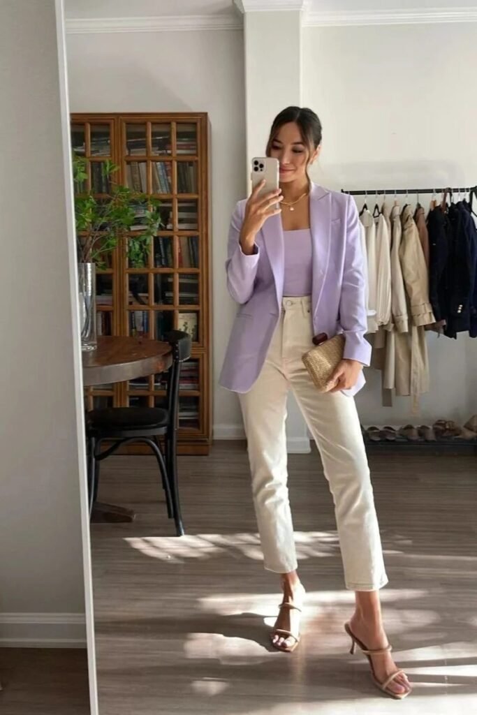 Lavender Blazer + Lavender Square-Neck Top + Off-White Straight Jeans + Nude Heeled Sandals 