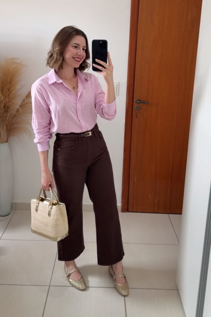 Lavender Button-Down Shirt + Chocolate Brown Wide-Leg Trousers + Gold Mary Janes