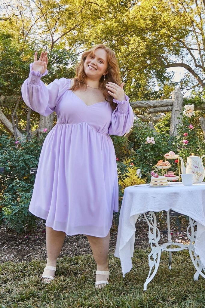 Lavender Chiffon Puff-Sleeve Mini Dress + White Strappy Sandals + Pearl Necklace